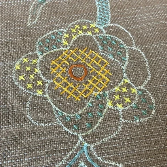 CRATE & BARREL Taupe Lillian Runner 14x60 Embroidered Cross Stitch Nature Autumn - Image 3 of 4