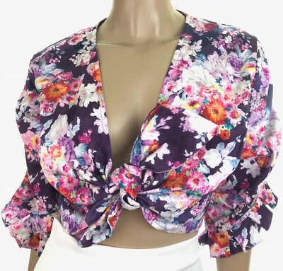 Tata Naka London Size 10 Tie Crop Top 3/4 Sleeve Cotton Multi-Color Floral