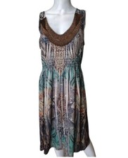 Apt. 9 Dress Woman L Blue Green Scoop Beaded Neck Sleeveless Midi Summer Boho