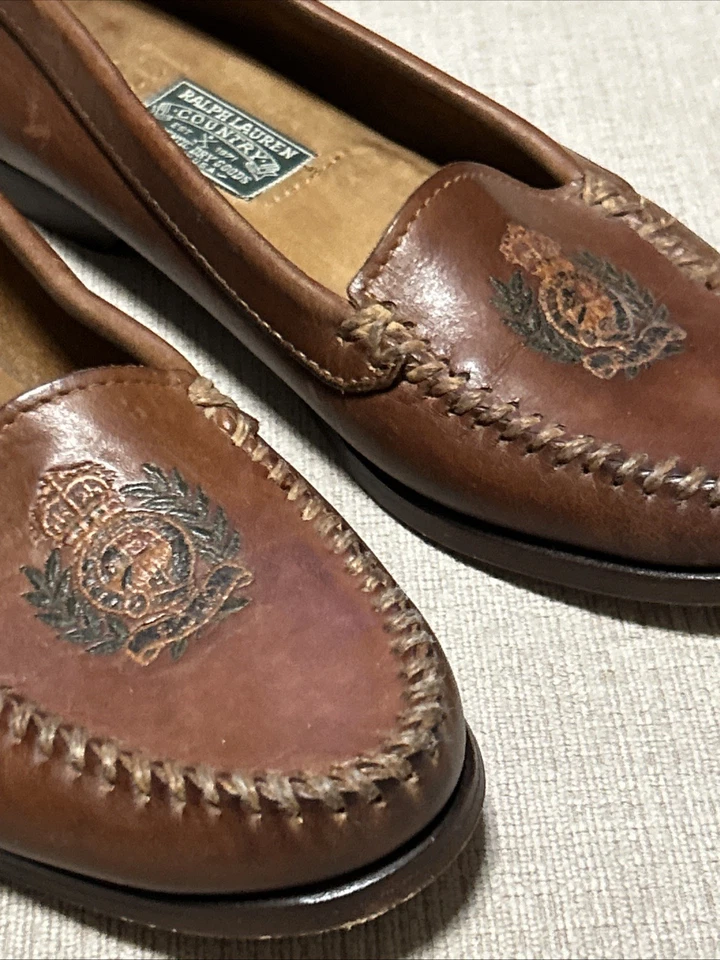 RALPH LAUREN COUNTRY Vtg 80s Leather Loafers Embroidered Crest USA 7B RARE - Image 2 of 4