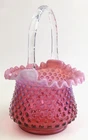 Vtg Fenton Art Glass Cranberry Pink Opalescent Hobnail 10" Flower Basket Vase