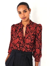BA&SH Black/Red "Abi" Puff Sleeve Button Front Ruffle Neck Floral Blouse XS