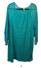 TACERA Plus Size 1X Shift Lined Dress Teal Lace 3/4 Flared Sleeve Knee Length