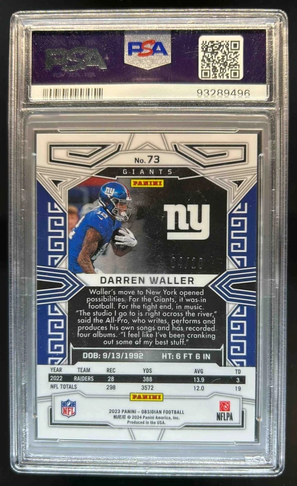 2023 Obsidian Darren Waller Electric Etch Yellow #/10 Giants PSA 10 - Image 2 of 2
