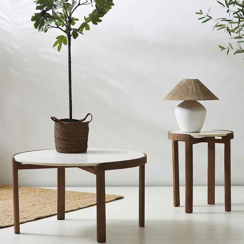Table basse en manguier de prestige et marbre blanc véritable
