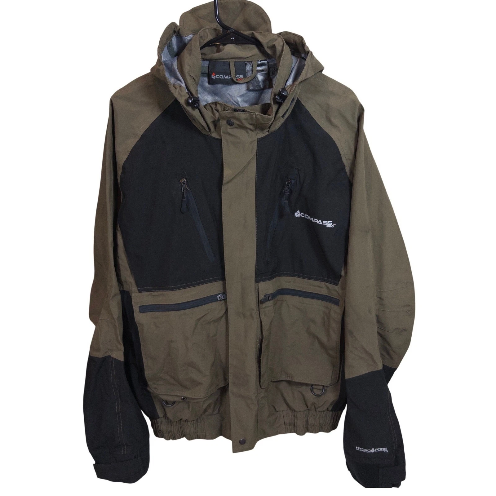 Compass 360 Wading Jacket LG Mens HydroPore Waterproof Fishing Brown Black