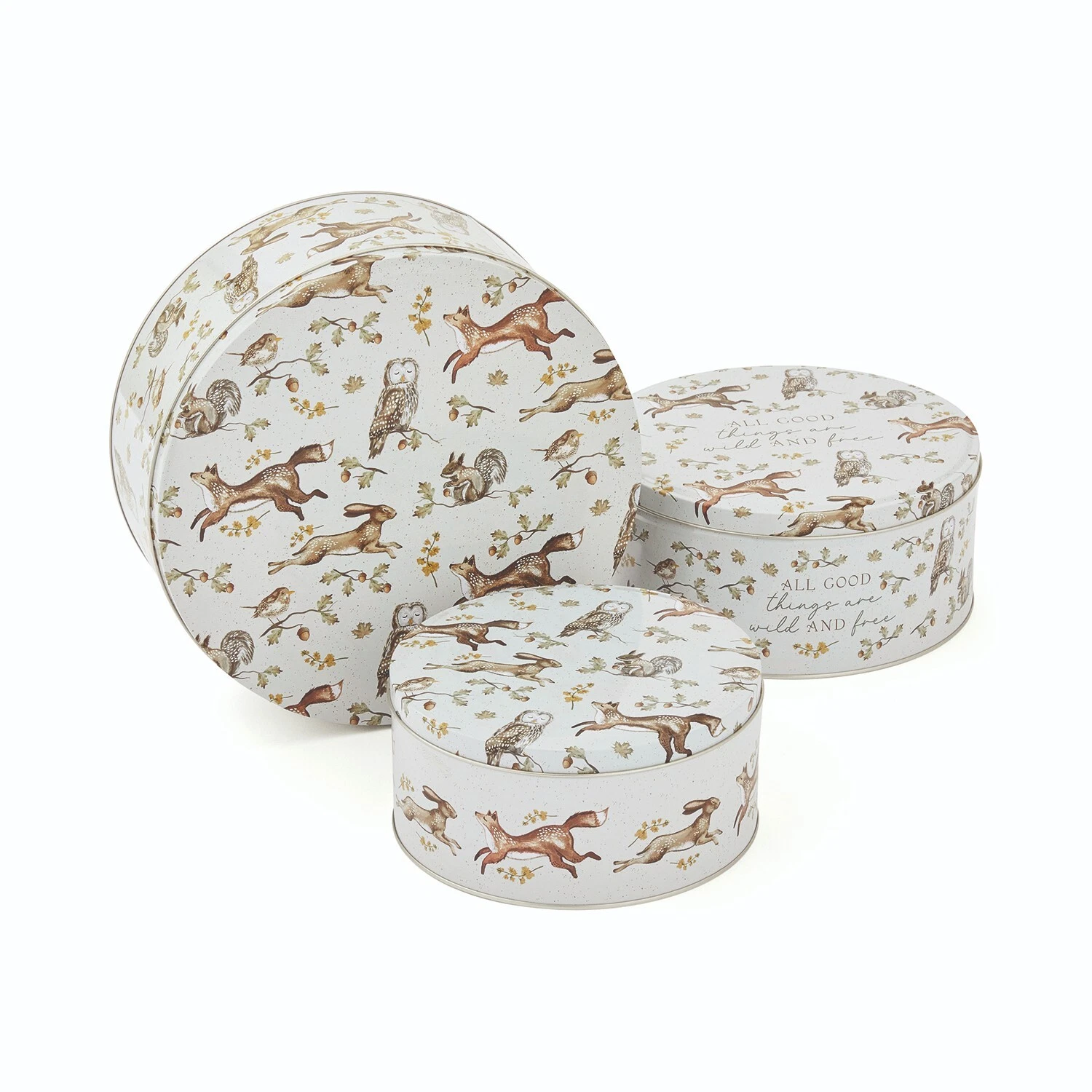 Cooksmart Forest Fable Collection Set of 3 round Cake Tins. Hare Fox Owl design
