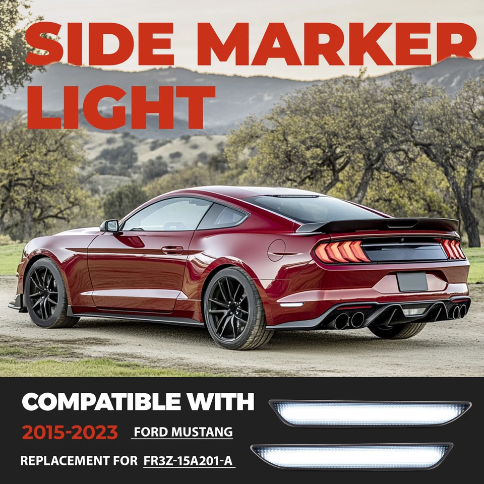 2PCS White LED Side Marker Lights Rear For Ford Mustang 2015-2023 Smoked Lens Foto 2 de 4