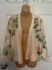 Short Kimono Jacket Top Pink with Floral Bird Print Size L