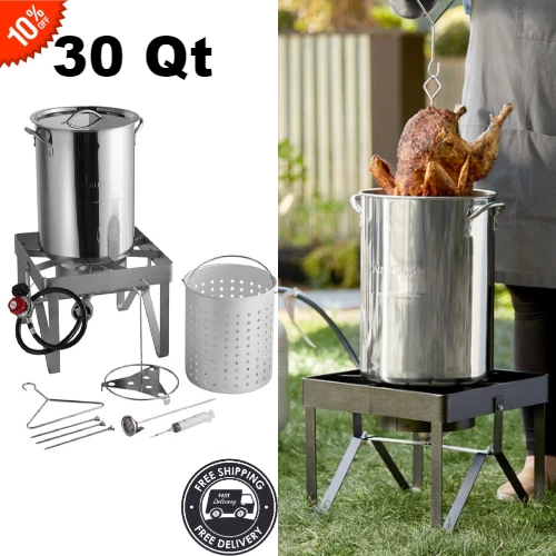 TURKEY DEEP FRYER Stainless Steel Seafood Boiler Steamer Stock Pot Propane 30 Qt