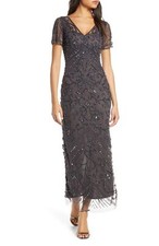 Pisarro Nights Beaded Mesh Column Gown SZ 8 Slate
