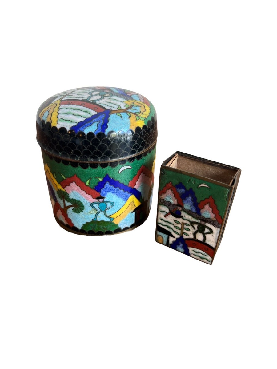 Antique Chinese Cloisonne Round Cigarette Case with lid and matchbox case.  RARE