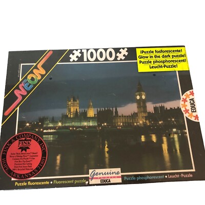 London Parliament 1000 Piece Puzzle Glow in the Dark Neon Educa Spain 1994 NEW