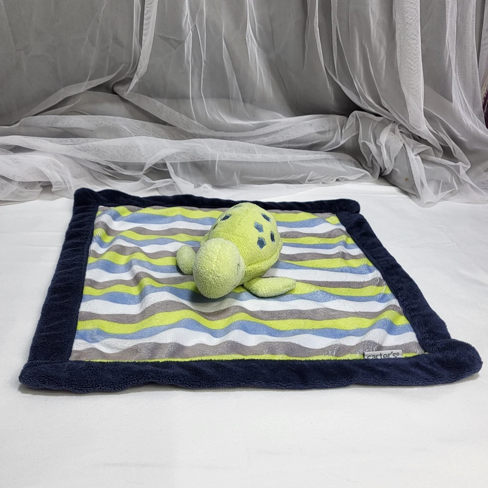 Manta de seguridad Carter's Baby Turtle 13" Lovey felpa verde azul gris rayas Foto 2 de 4