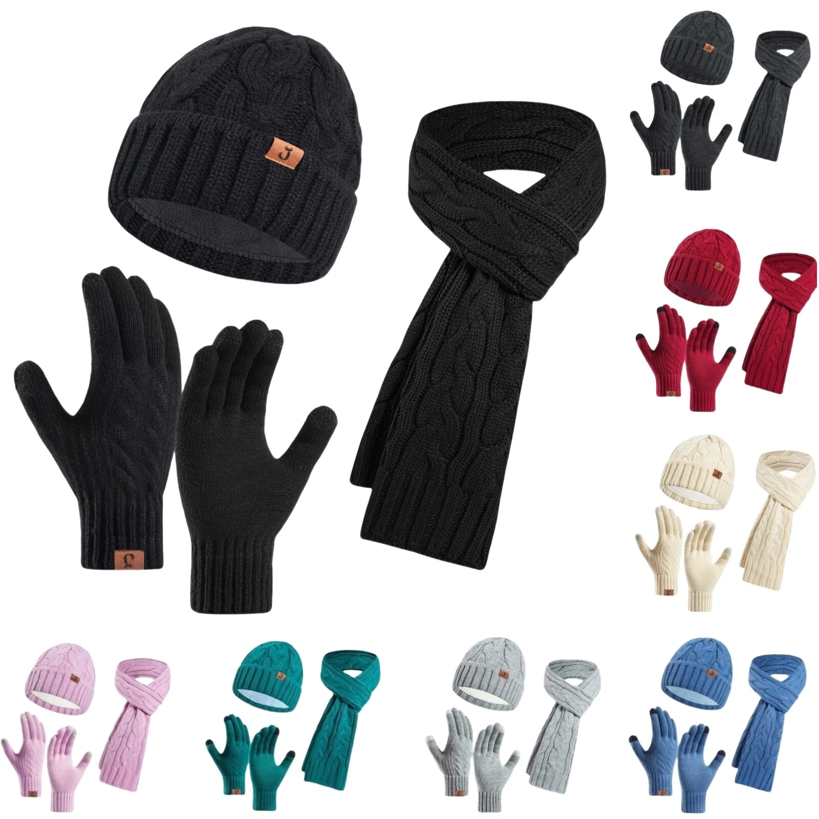 Winter Beanie Scarf Gloves Warm Fleece Knit Hat Touch Screen Glovesfor Men Women