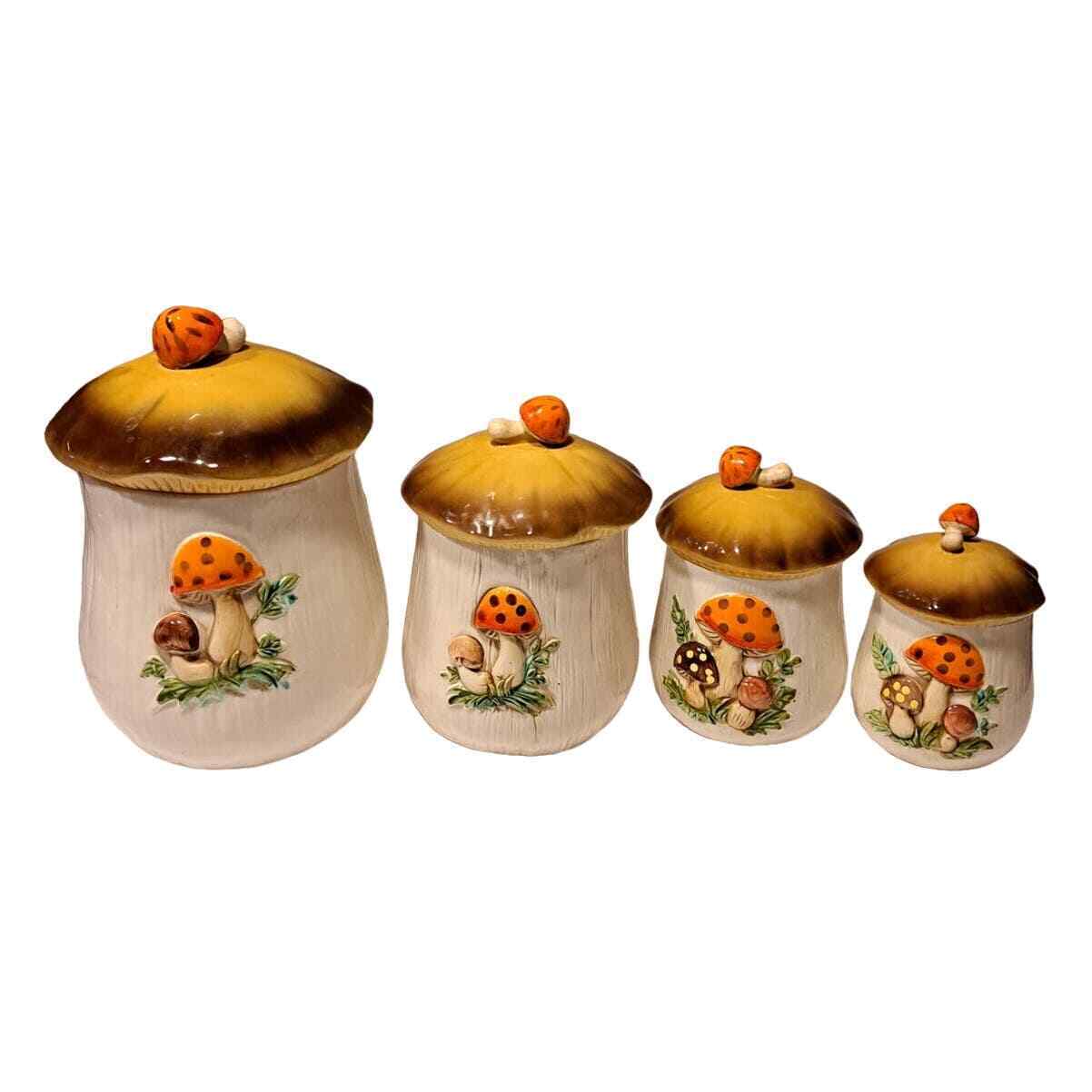 Vintage 1978 Sears & Roebuck Merry Mushroom 4 Piece Canister Set With Lids Retro