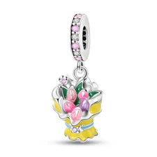 MULA European Silver Plated Charms Pink AAA CZ Enamel Tulip For Women Bracelets