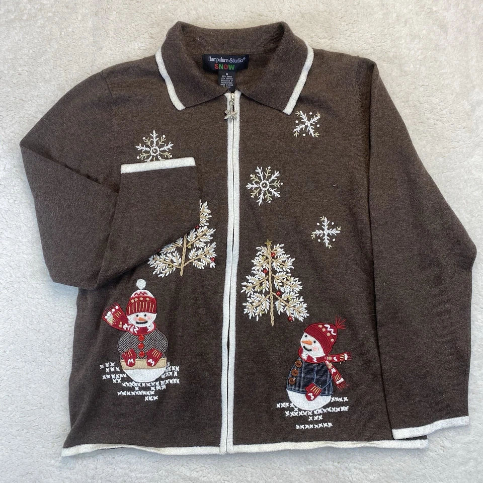 Muñecos de Nieve Suéter Mujer Cárdigan Bordado Mamá Mediano Marrón Navidad Cremallera Completa Foto 2 de 4