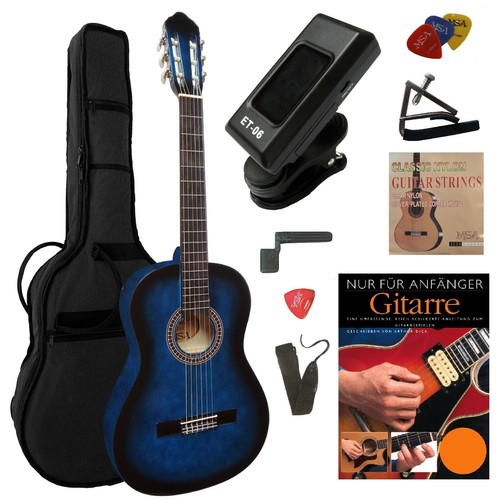 4/4 KONZERTGITARRE KLASSIK GITARRE BLAU IM SET MIT SCHULE + CD STIMMGERÄT uvm. X