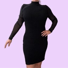 Est 1946 Black Bodycon Knee Length Sweater Dress + Sheer Sleeves Women's Medium