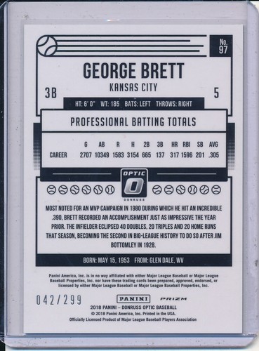 George Brett 2018 Panini Donruss Optic Holo Aqua Prizms 042/299 - Picture 2 of 2