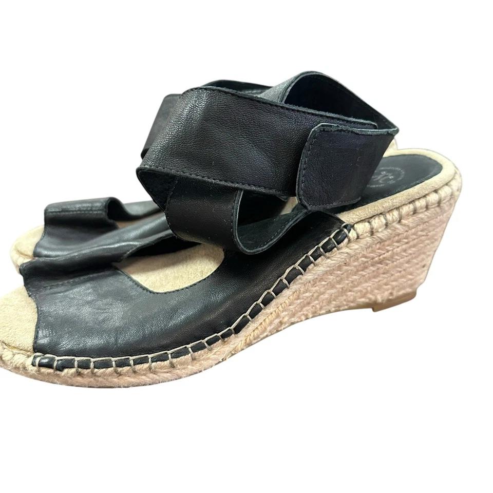 JOHNSTON & MURPHY 女式 ESPADRILLES 全新无标签 7 码黑色皮革楔形脚趾  — 第 3/4 张图片