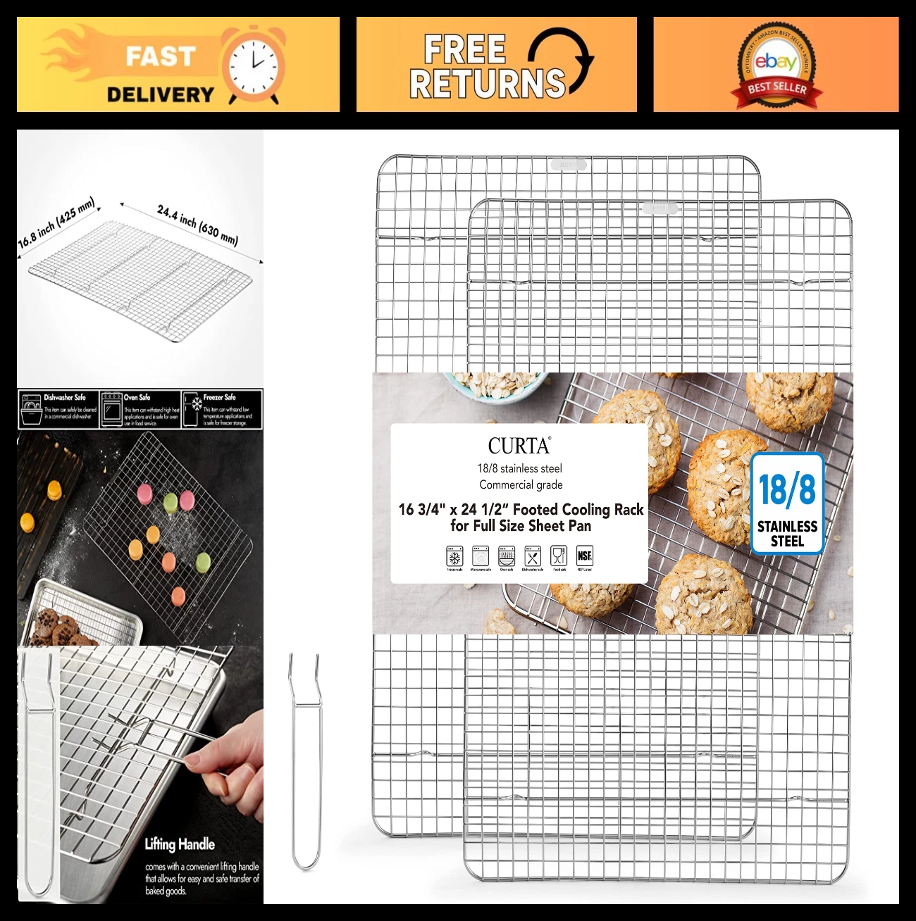 2 Pack Chef Cooling Racks 16.8" x 24.4" - NSF Listed Stainless Steel Oven Safe,
Opens in a new windo
