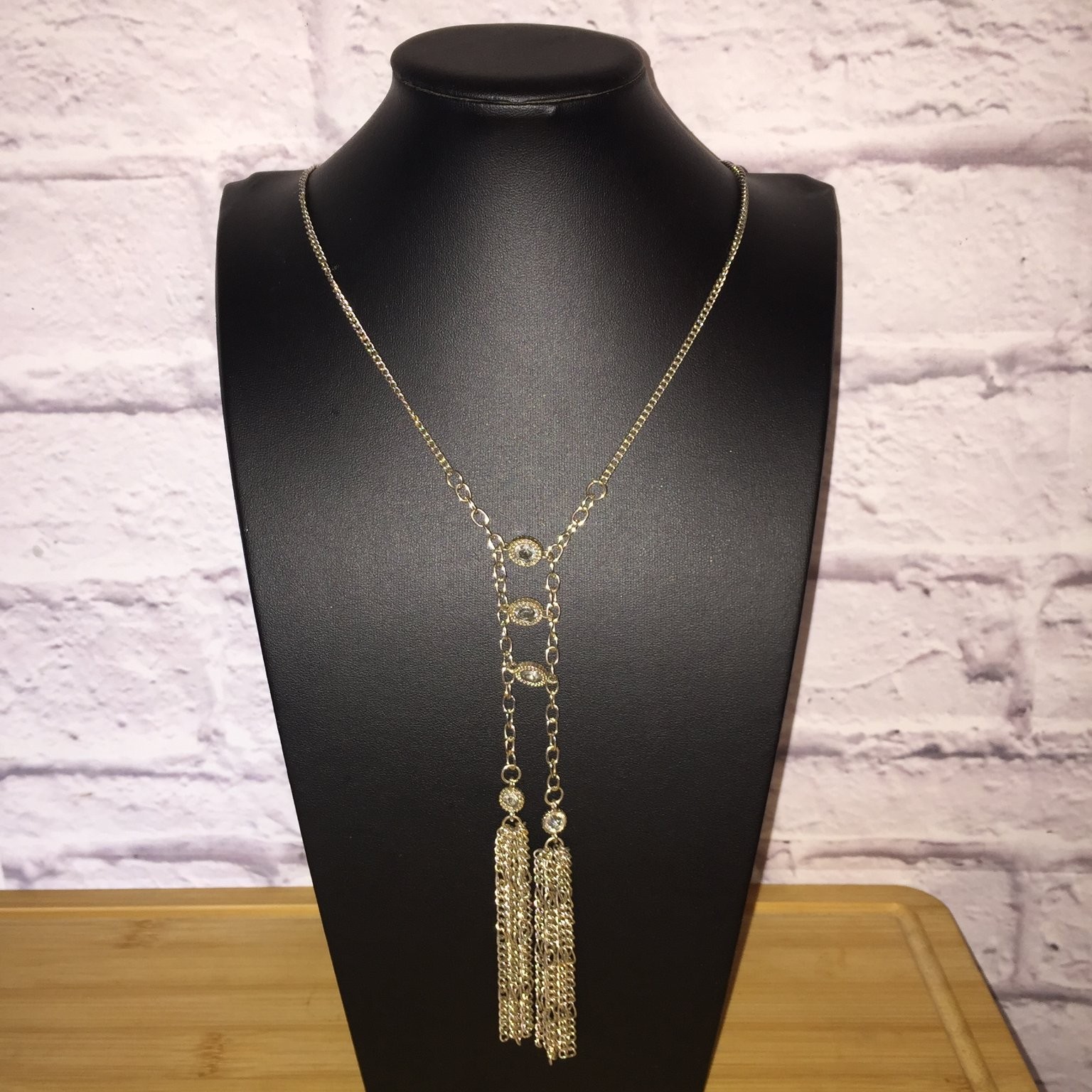 Artisan Silver Tone Y-Lariat Necklace Rhinestone Tassel Drop Cable Chain