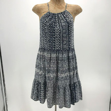 LOFT Dress Womens XS Navy White Tribal Geometric Print Tiered Halter 100% Cotton