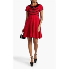 Red Valentino Striped Ribbed Wool Knit Pleated Mini Dress Bow Holiday M