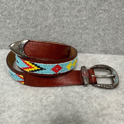 VTG Southwestern Navajo Turquoise Red Beads Thunderbird Leather Belt Silver Ends