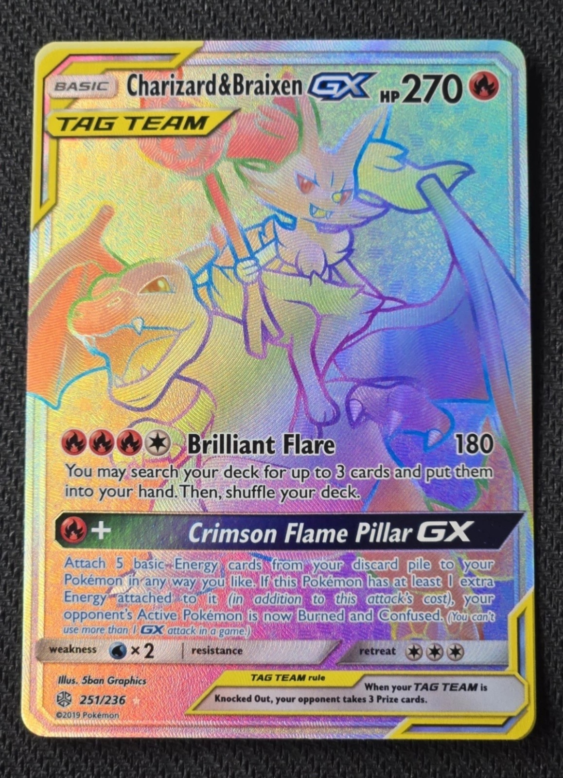 Pokémon Charizard & Braixen GX 251/236 Rainbow Secret Rare — Cosmic Eclipse — NM