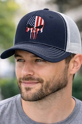 American Flag Skull Trucker Mesh Snapback Navy/White