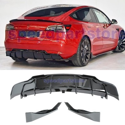 Fit 2017-23 Tesla Model 3 Rear Bumper Diffuser Lip W/Extensions Gloss Black 3PCS