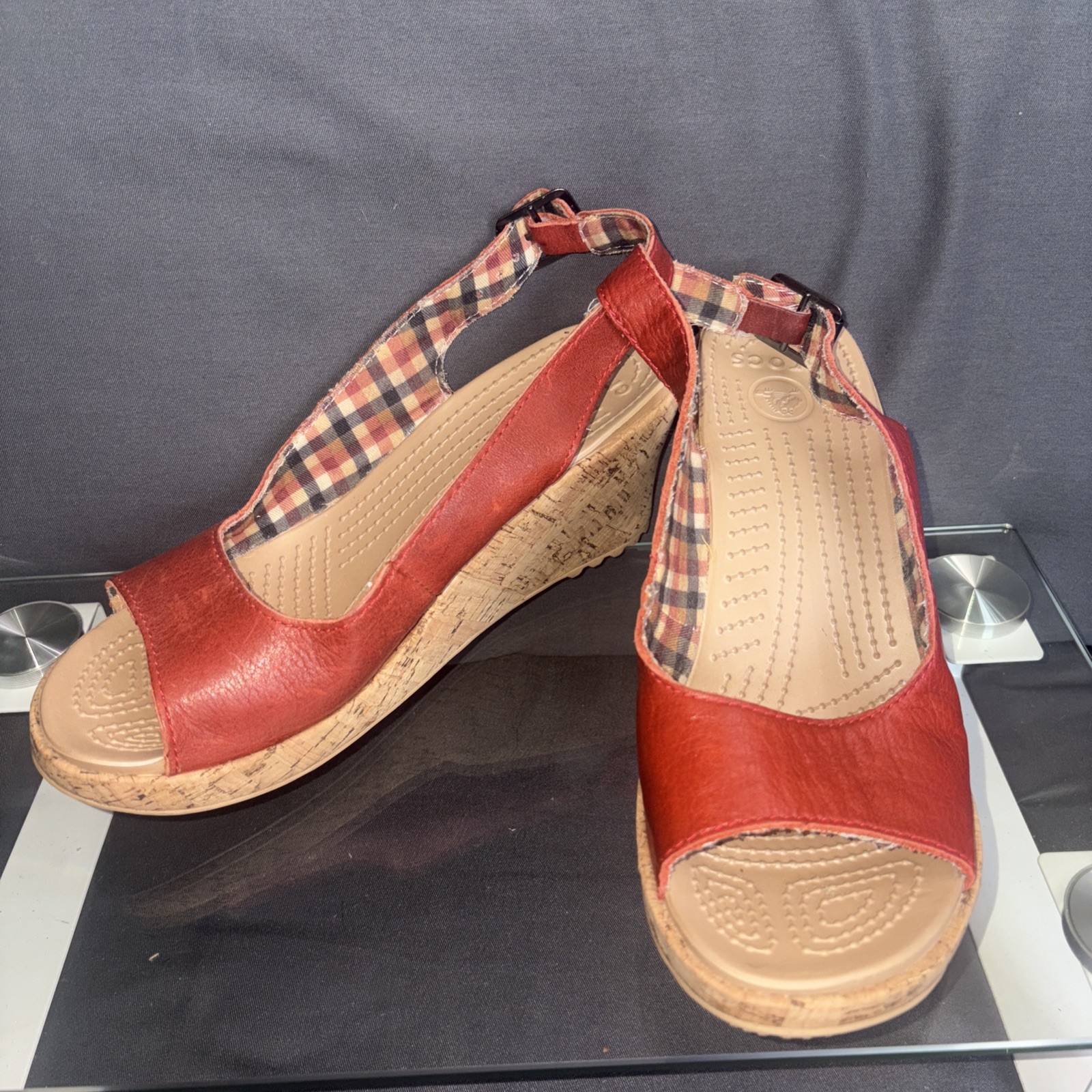 Crocs Womens Red A-Leigh Peep Toe Slingback Cork Wedge Heels Size 6