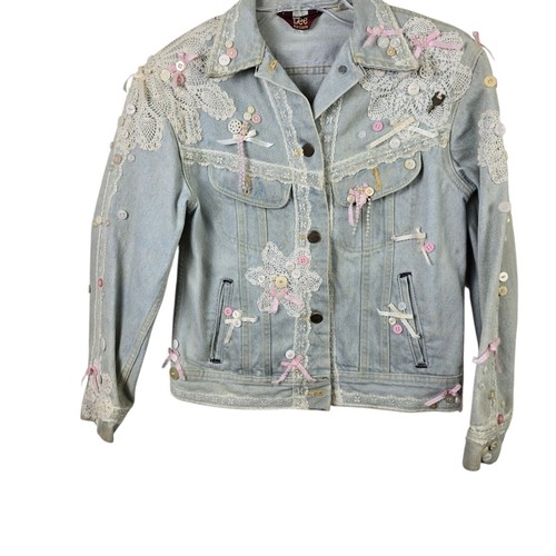 Lee For Girls Denim Jacket Light Wash Cottagecore Lace Pink Bows Retro Boho 8