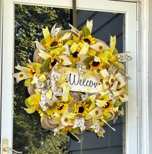 Welcome Mesh Sunflower Wreath, Large 26" Sunflower Wreath
