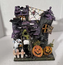 Halloween Metal Haunted House Pumpkins Ghost Tea Light Votive Candle Holder 9" H