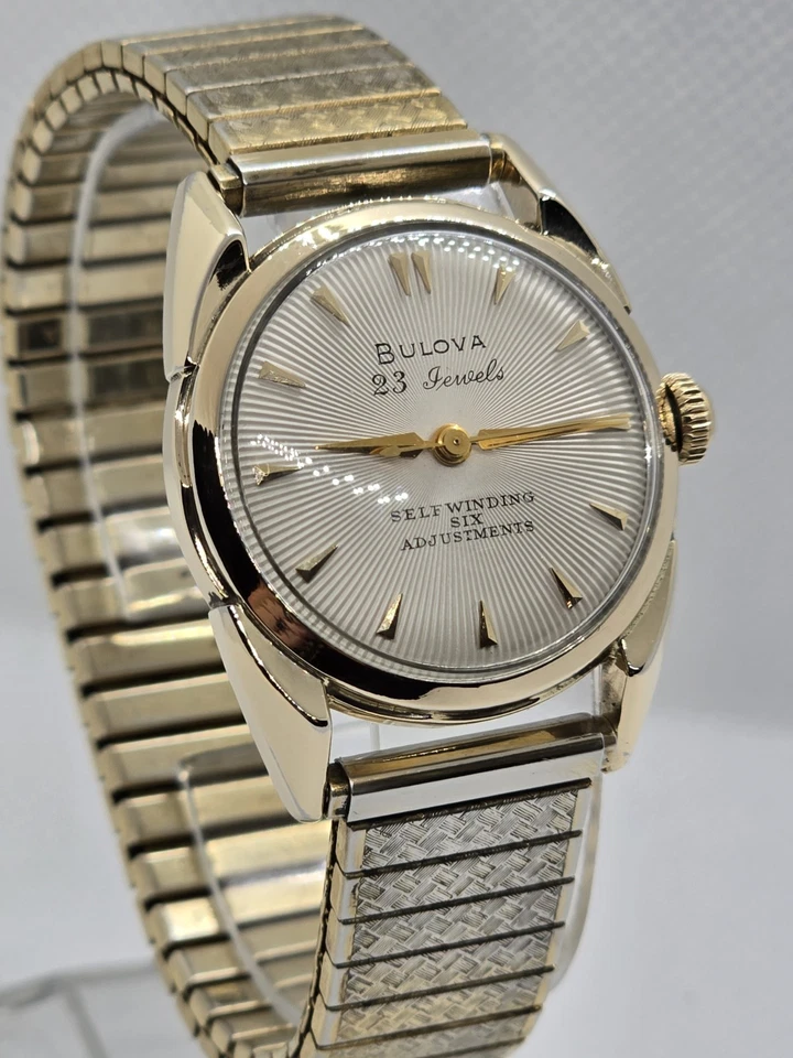 Vintage 1955 Bulova "23" 10K Gold(RGP) W/ Vintage Flex Band. Sunburst Dial! - Image 4 of 4