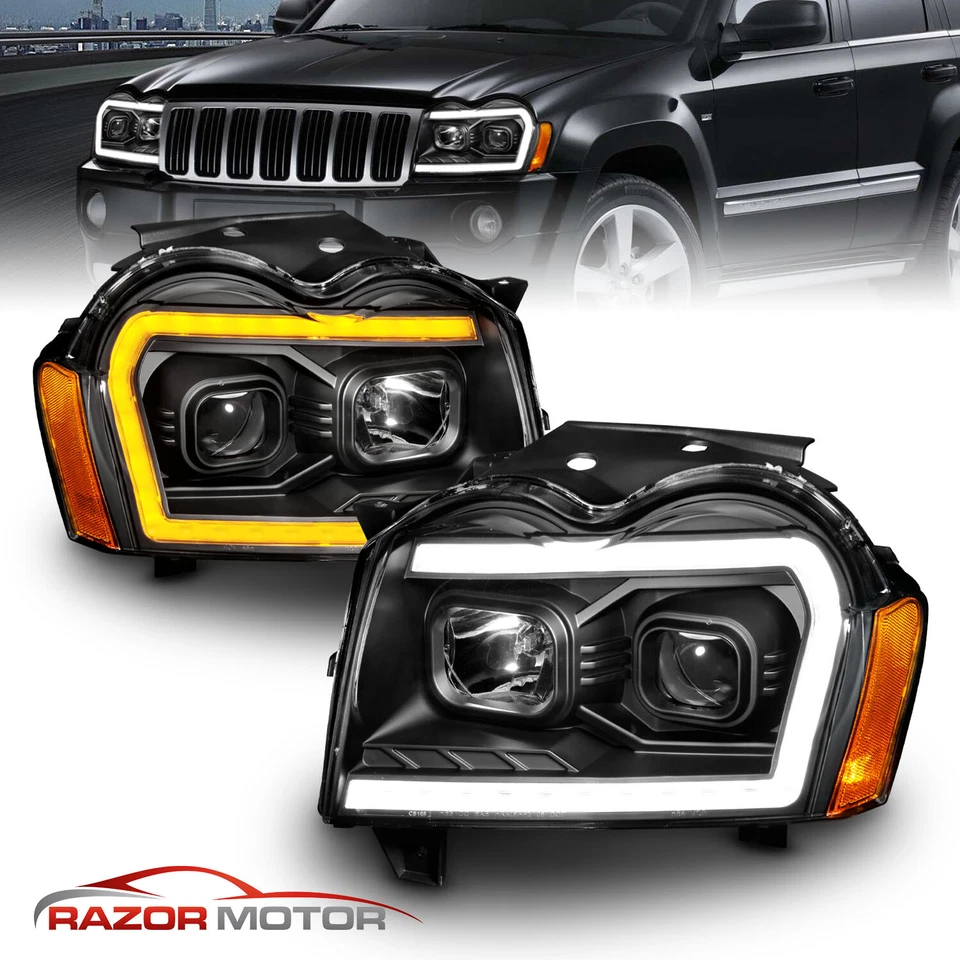 2005 2006 2007 For Jeep Grand Cherokee LED Switchback Black Headlights L+R - Image 2 of 4