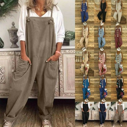 Womens Cotton Linen Jumpsuit Dungarees Ladies Loose Playsuit Overalls Trousers - Picture 1 of 51