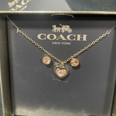 Coach Pave Heart Necklace & Stud Set- GOLD/PINK CQ482 NWT- Ships 