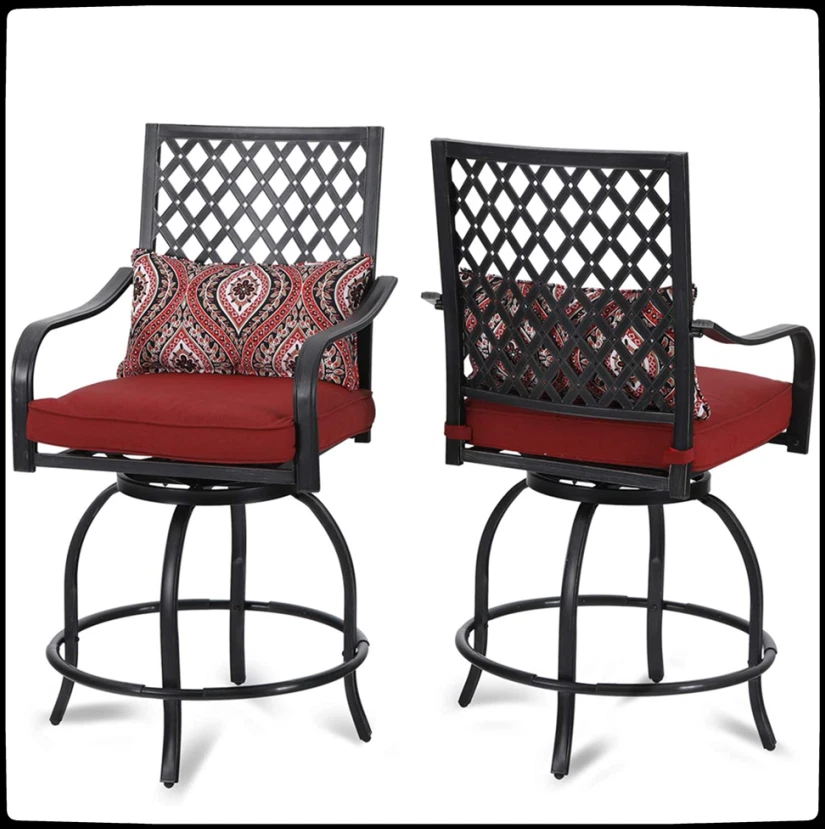 Juego de 2 sillas de bar giratorias de exterior con cojín bistró taburete de bar patio silla roja Foto 3 de 4