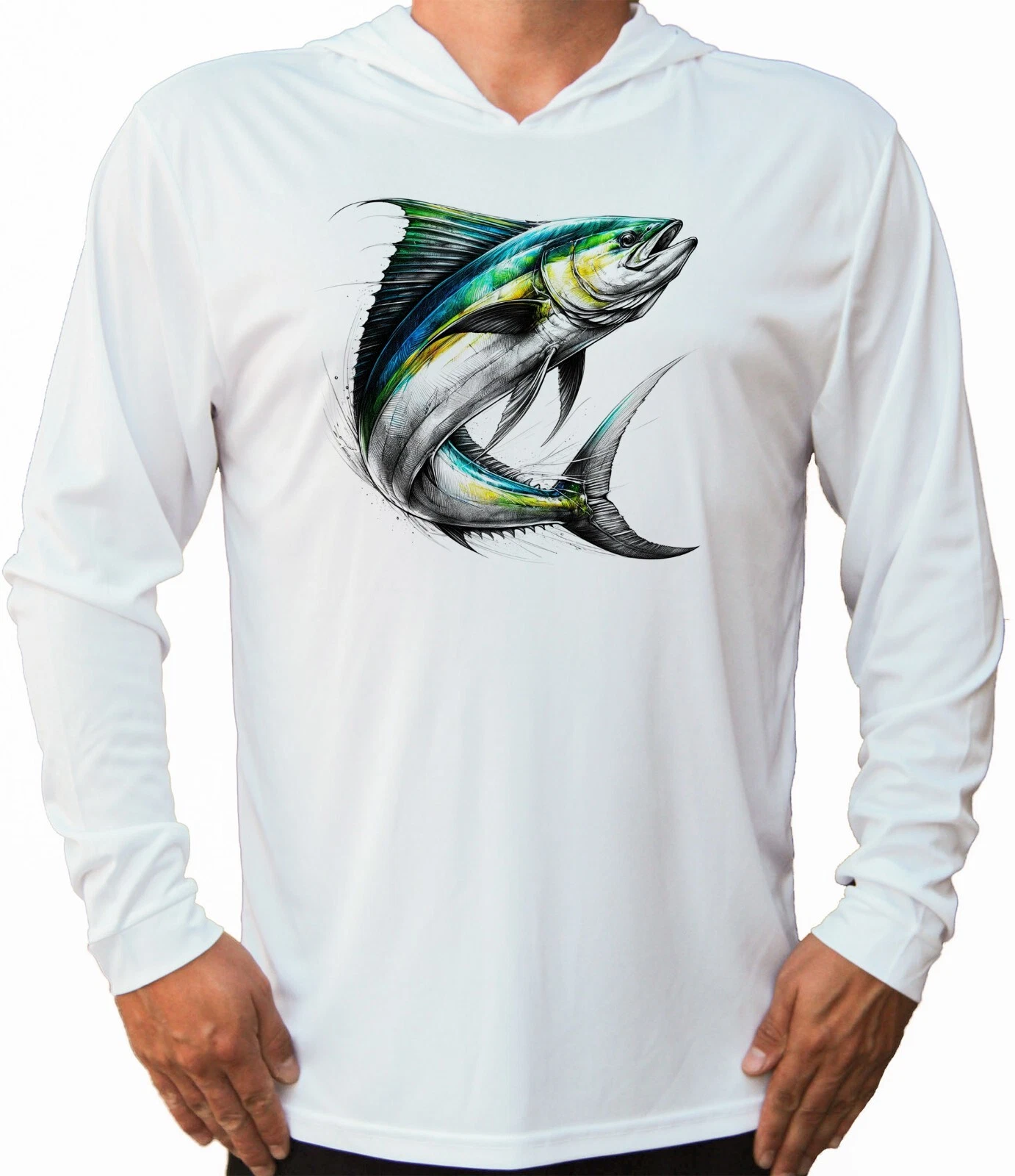 Mahi Mahi Fisherman Protected UPF 50 Long Sleeve T-Shirt Hood Boat Fishing