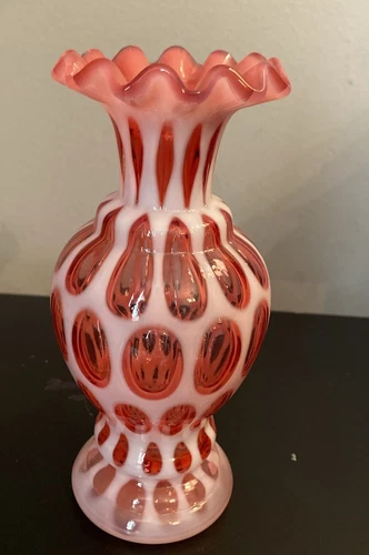 Fenton Cranberry Coin Dot Crimp Ruffle Top Vase 6”
