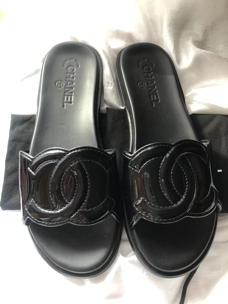 NEW Authentic CHANEL MULES SLIDES FLATS BLACK PATENT LEATHER 39.5