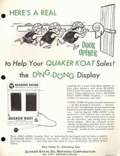 De colección 1960 QUAKER STATE "DING-DONG QUAKER KOAT" Jobbers HOJA DE VENTA ANUNCIO