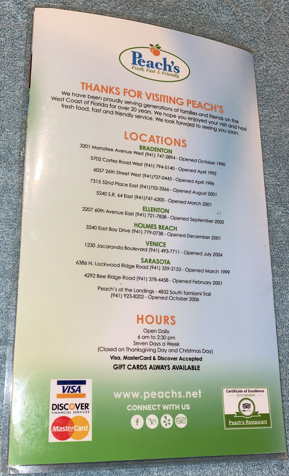 Peach’s Restaurant Menu, FLORIDA eBay