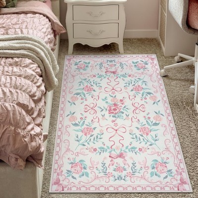 Pink Rugs for Bedroom Girls, 4x6 Floral Washable Area Rug Non Slip, Soft Indo...