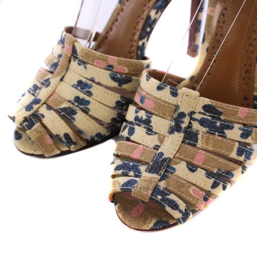 Tory Burch Navy Ivory Canvas Leather Sandals 8M High Heel Strap Used thumbnail 6